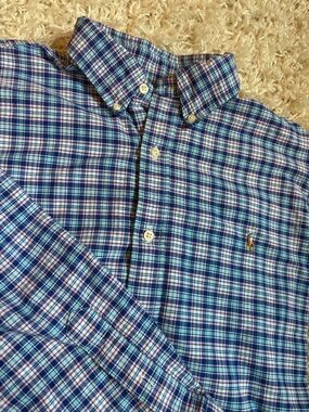 Ralph Lauren Men's Classic Fit Oxford Cloth 100% Cotton Shirt Blue Plaid L